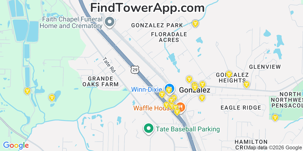 Map showing the 20 primary cell tower locations detected in Gonzalez, Florida from AT&T, Verizon, and T-Mobile networks