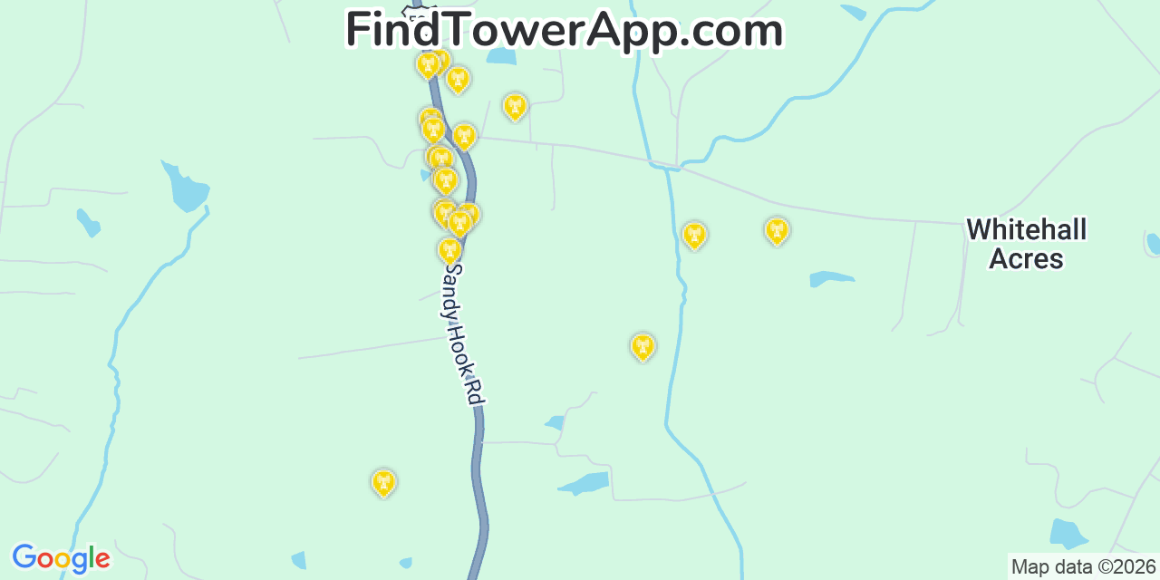 Map showing the 20 primary cell tower locations detected in Goochland, Virginia from AT&T, Verizon, and T-Mobile networks