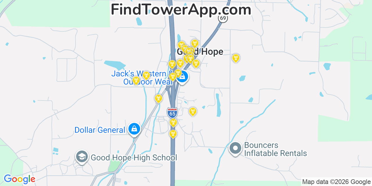 Map showing the 20 primary cell tower locations detected in Good Hope, Alabama from AT&T, Verizon, and T-Mobile networks