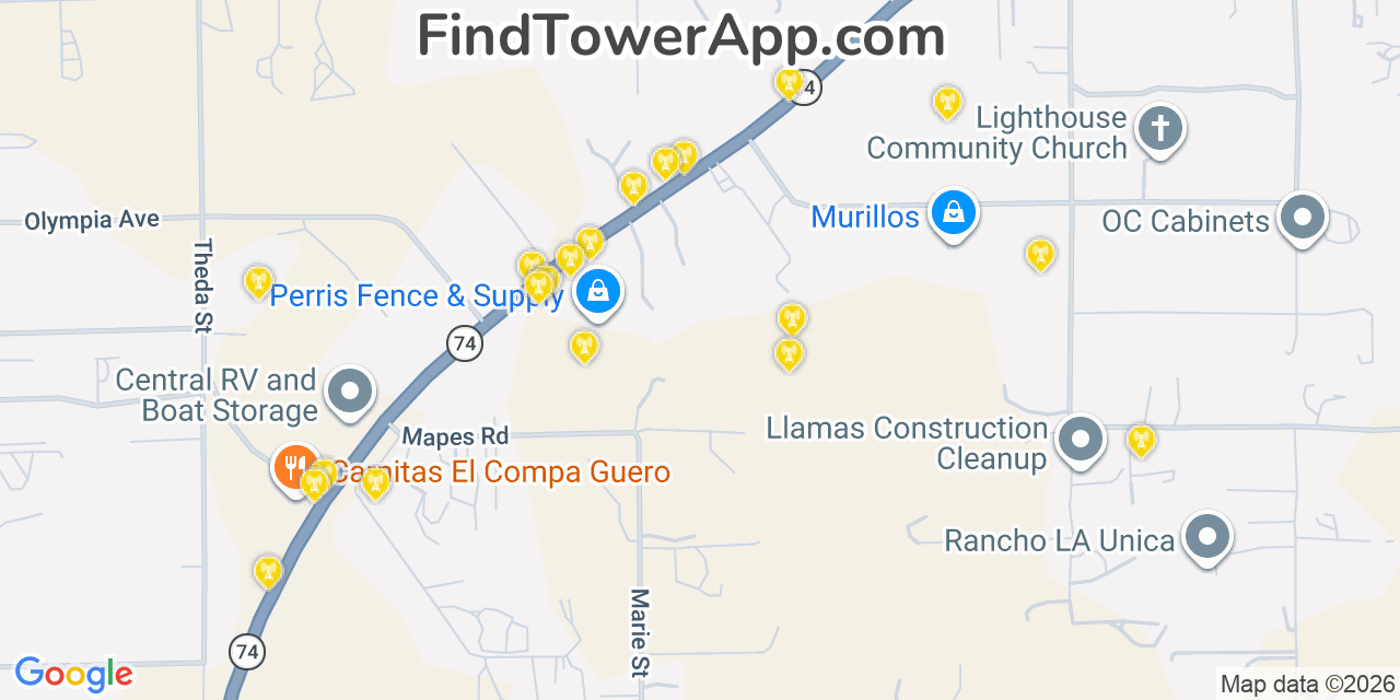 Map showing the 20 primary cell tower locations detected in Good Hope, California from AT&T, Verizon, and T-Mobile networks