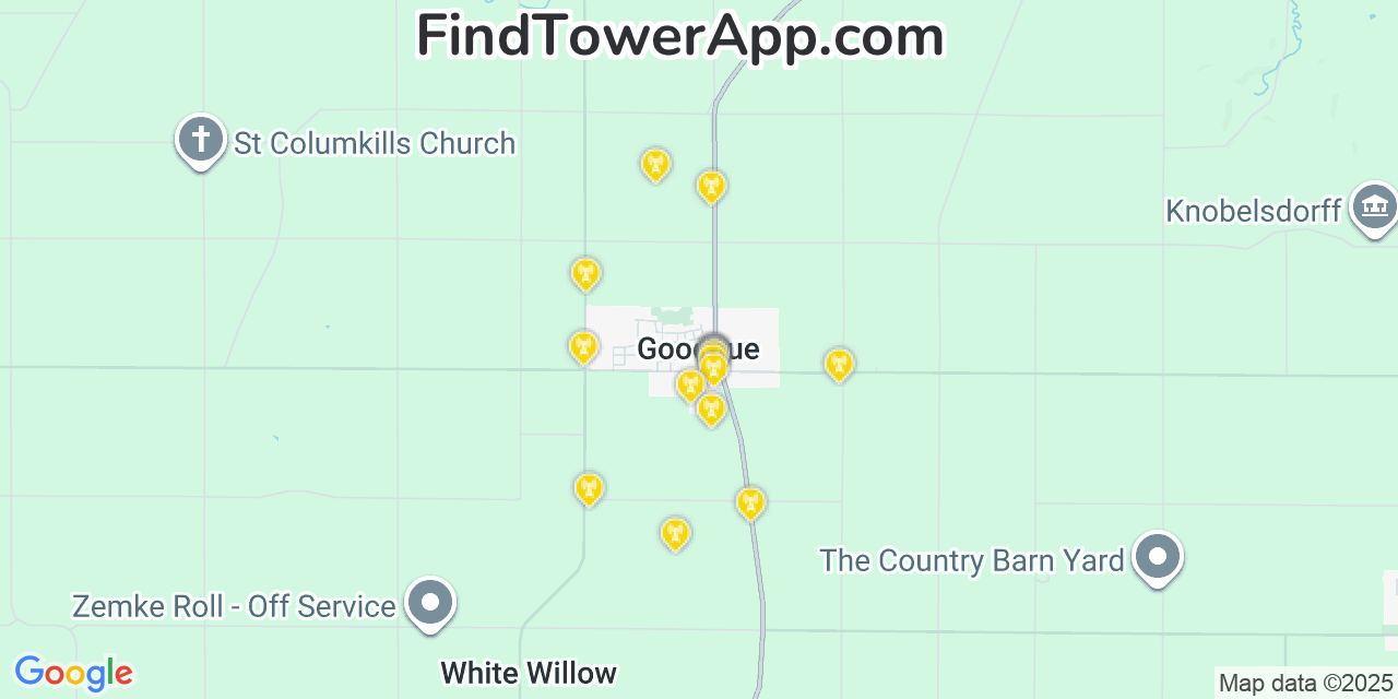 Map showing the 20 primary cell tower locations detected in Goodhue, Minnesota from AT&T, Verizon, and T-Mobile networks