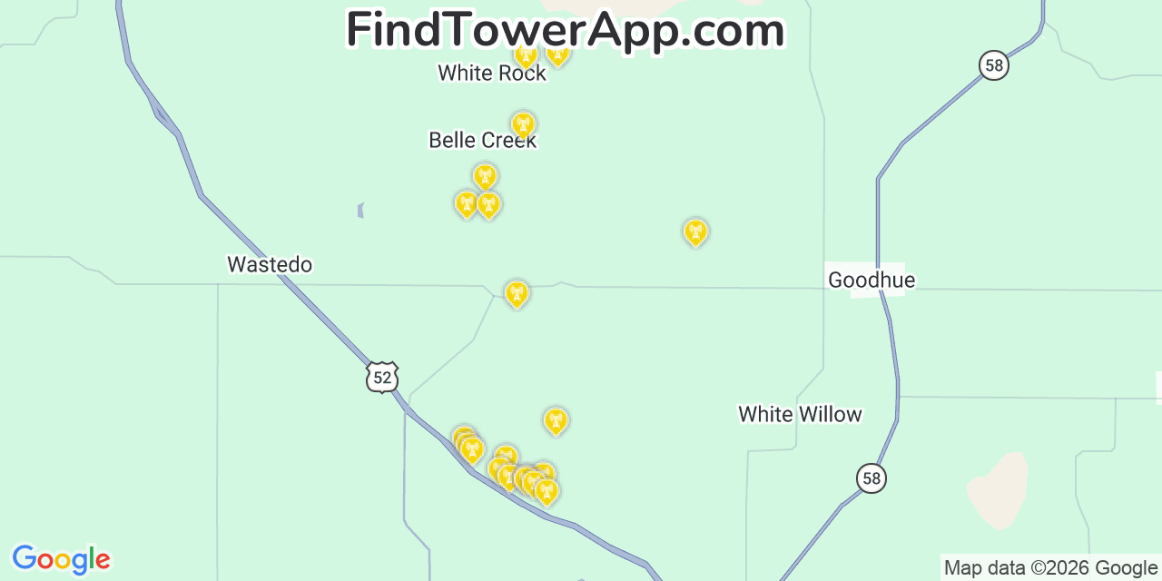 Map showing the 20 primary cell tower locations detected in Goodhue, Minnesota from AT&T, Verizon, and T-Mobile networks