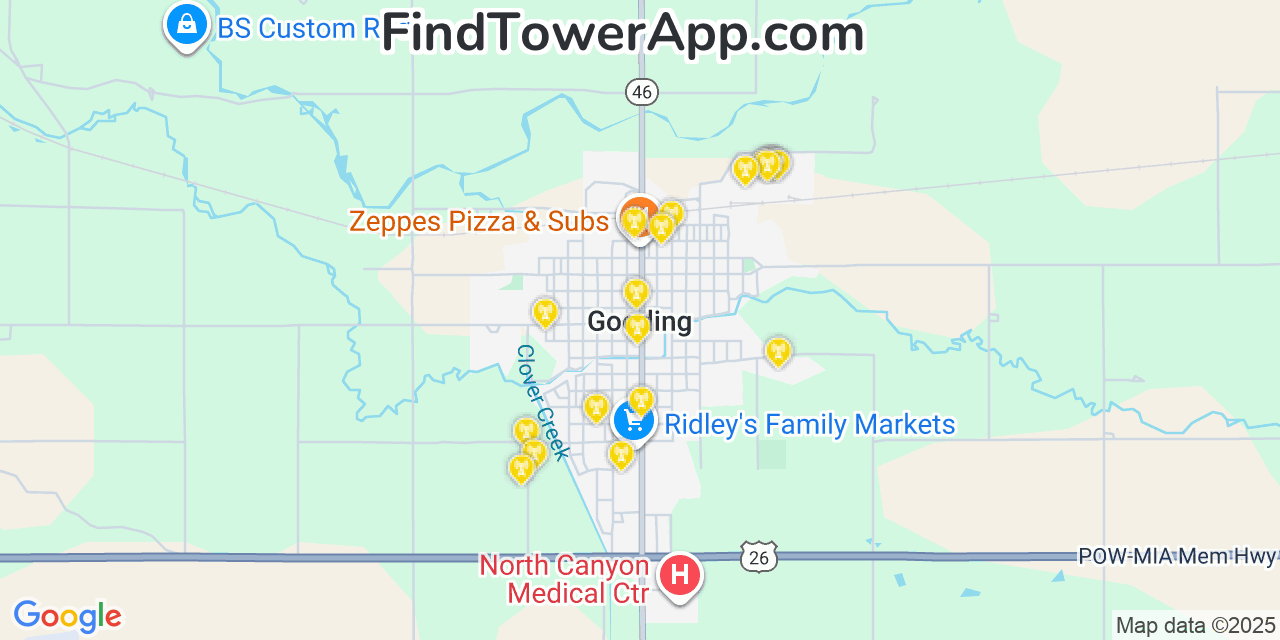 Map showing the 20 primary cell tower locations detected in Gooding, Idaho from AT&T, Verizon, and T-Mobile networks