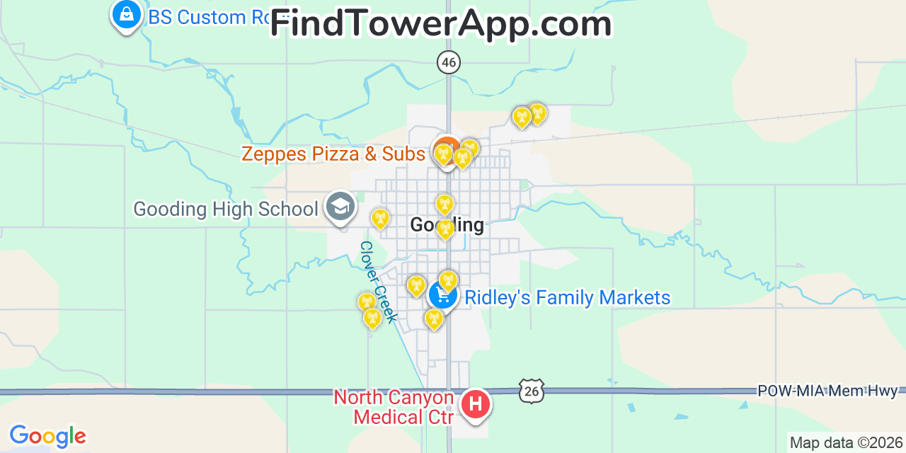 Map showing the 20 primary cell tower locations detected in Gooding, Idaho from AT&T, Verizon, and T-Mobile networks