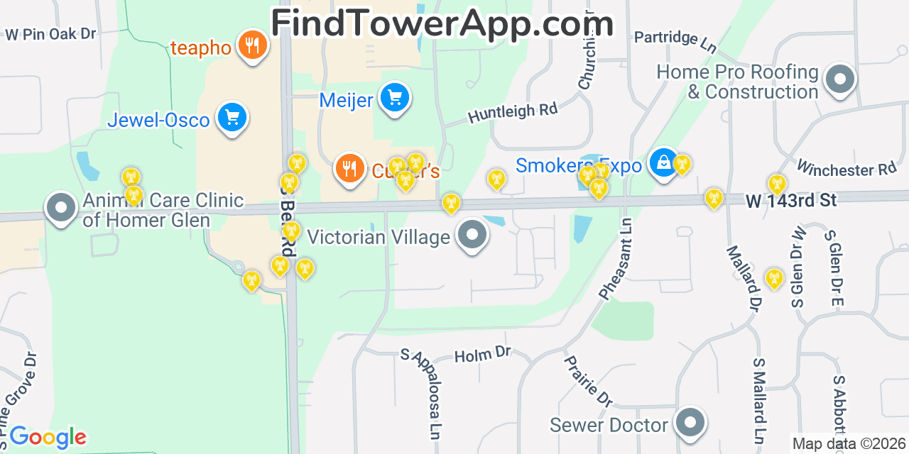 Map showing the 20 primary cell tower locations detected in Goodings Grove, Illinois from AT&T, Verizon, and T-Mobile networks