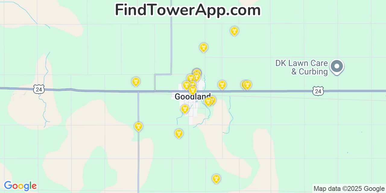 Map showing the 20 primary cell tower locations detected in Goodland, Indiana from AT&T, Verizon, and T-Mobile networks
