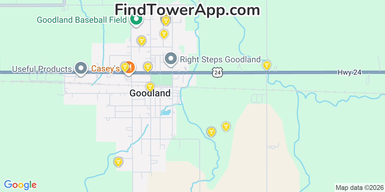 Map showing the 20 primary cell tower locations detected in Goodland, Indiana from AT&T, Verizon, and T-Mobile networks