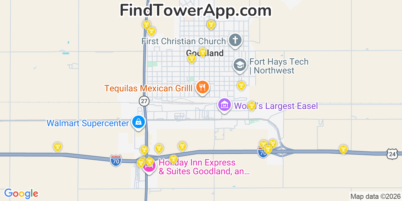 Map showing the 20 primary cell tower locations detected in Goodland, Kansas from AT&T, Verizon, and T-Mobile networks