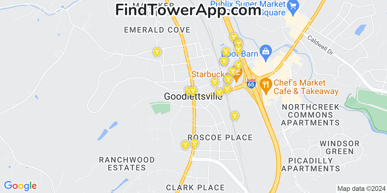 AT&T 4G/5G cell tower coverage map Goodlettsville, Tennessee