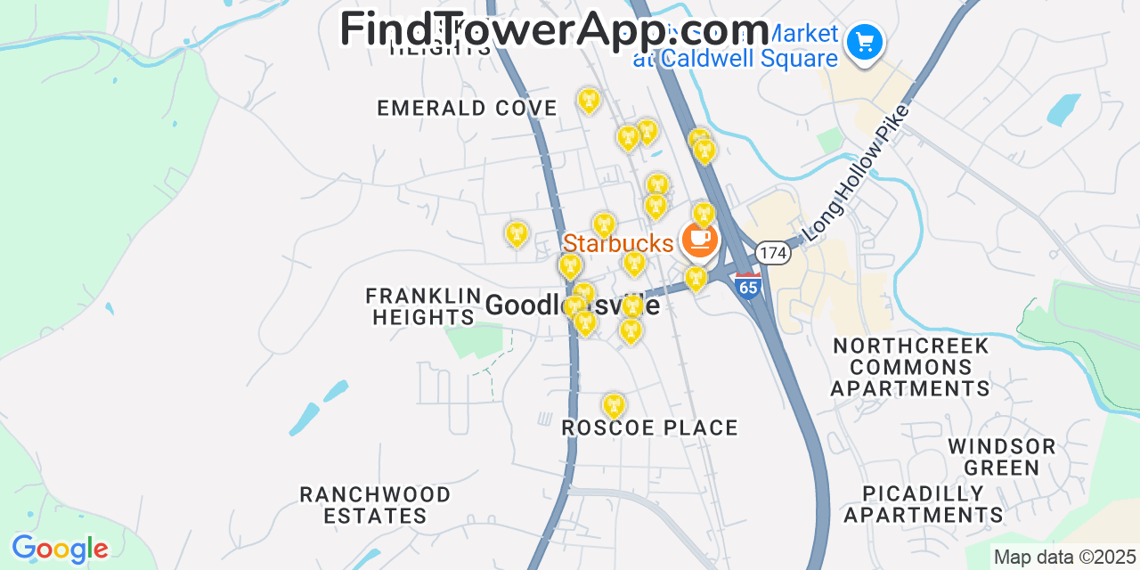 Map showing the 20 primary cell tower locations detected in Goodlettsville, Tennessee from AT&T, Verizon, and T-Mobile networks