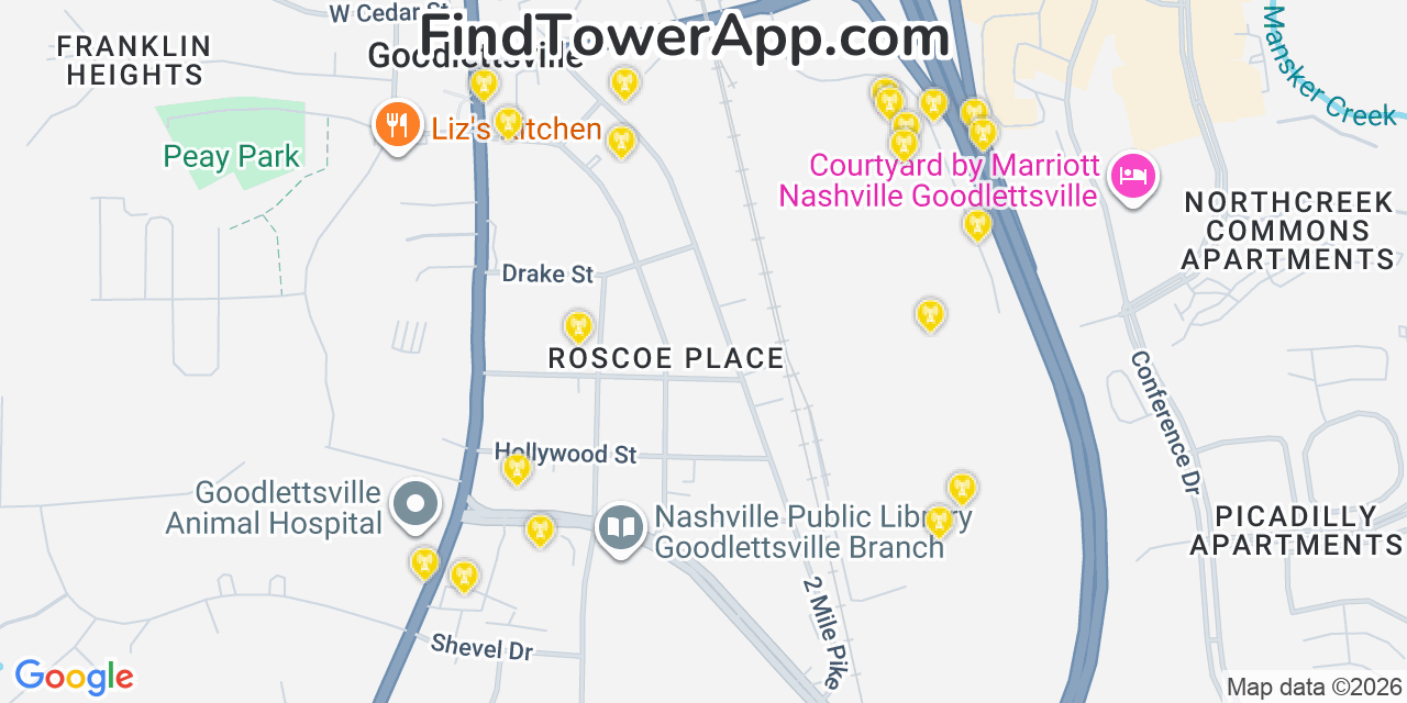 Map showing the 20 primary cell tower locations detected in Goodlettsville, Tennessee from AT&T, Verizon, and T-Mobile networks