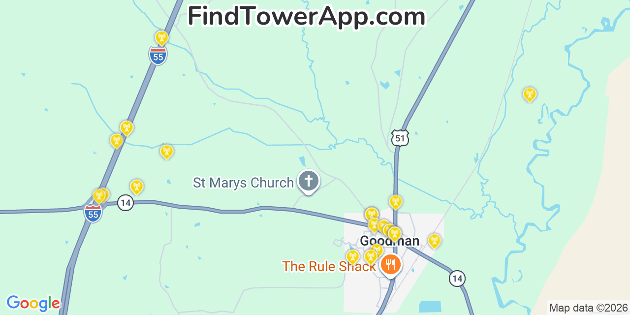 Map showing the 20 primary cell tower locations detected in Goodman, Mississippi from AT&T, Verizon, and T-Mobile networks