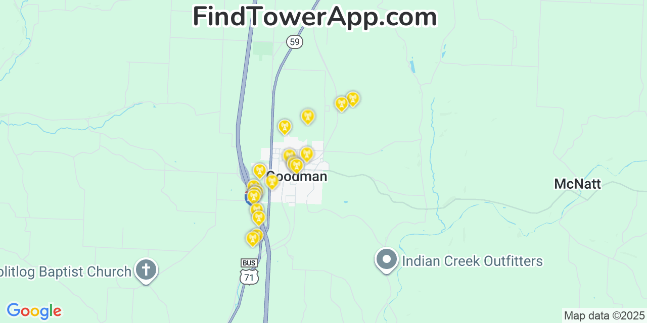 Map showing the 20 primary cell tower locations detected in Goodman, Missouri from AT&T, Verizon, and T-Mobile networks