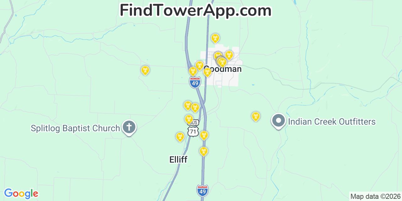 Map showing the 20 primary cell tower locations detected in Goodman, Missouri from AT&T, Verizon, and T-Mobile networks