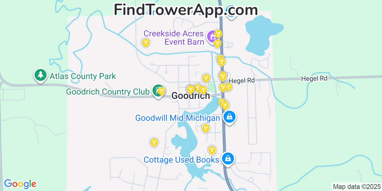 Map showing the 20 primary cell tower locations detected in Goodrich, Michigan from AT&T, Verizon, and T-Mobile networks