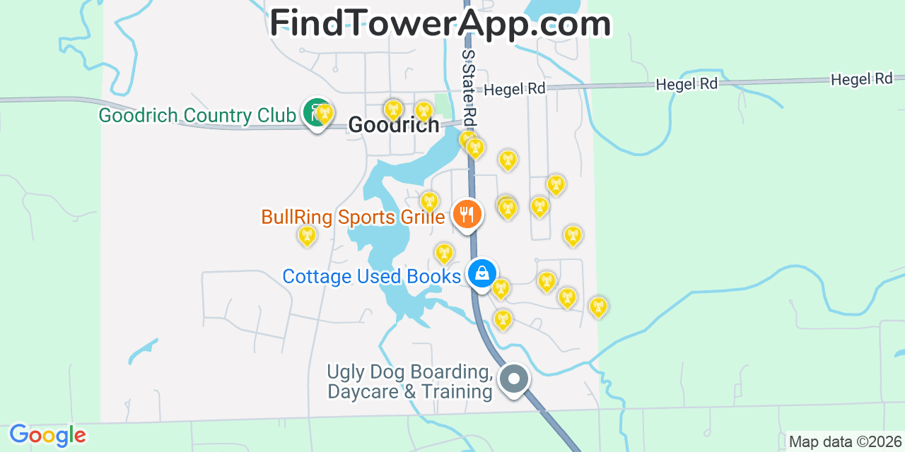 Map showing the 20 primary cell tower locations detected in Goodrich, Michigan from AT&T, Verizon, and T-Mobile networks