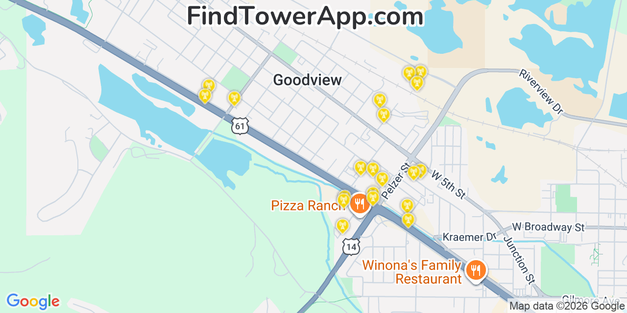 Map showing the 20 primary cell tower locations detected in Goodview, Minnesota from AT&T, Verizon, and T-Mobile networks