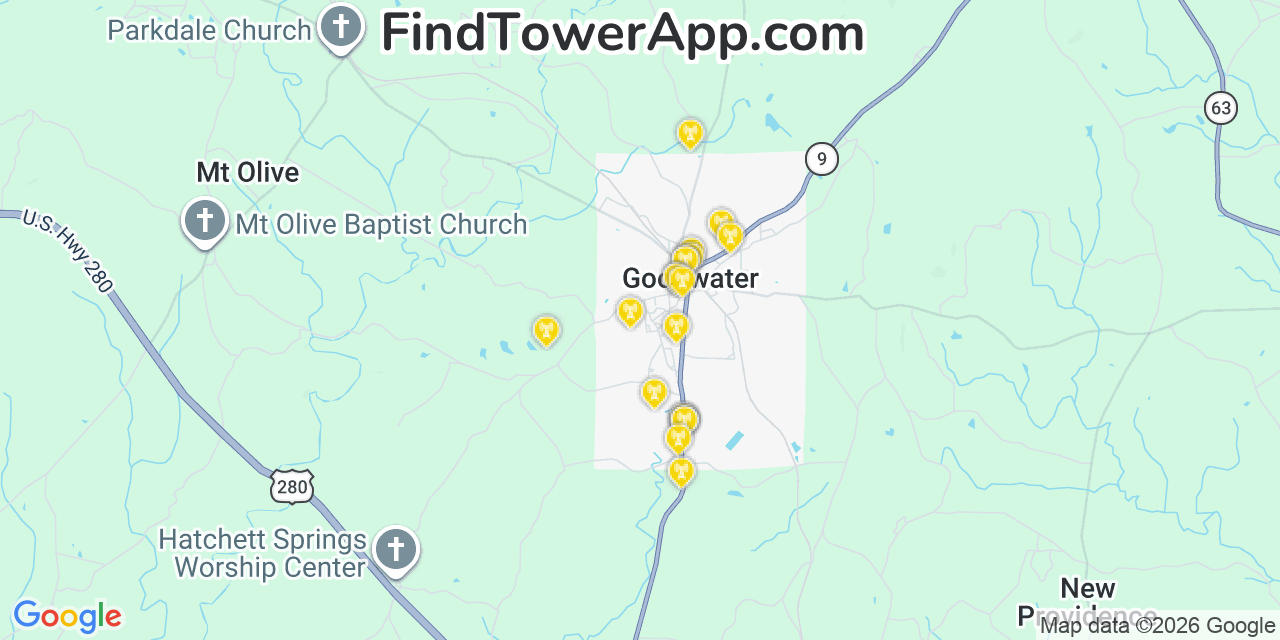 Map showing the 20 primary cell tower locations detected in Goodwater, Alabama from AT&T, Verizon, and T-Mobile networks