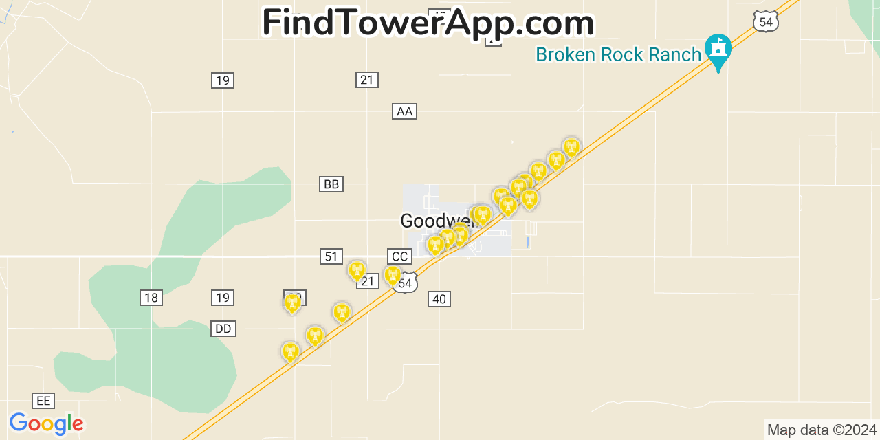 AT&T 4G/5G cell tower coverage map Goodwell, Oklahoma