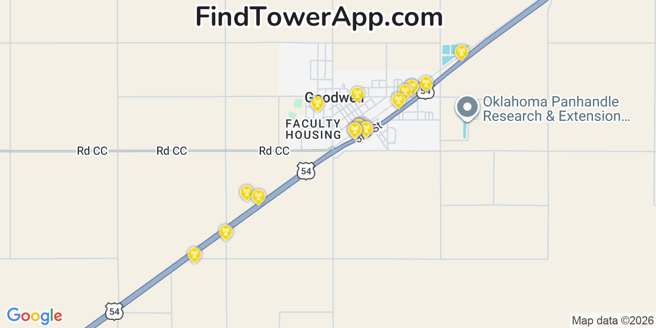 Map showing the 20 primary cell tower locations detected in Goodwell, Oklahoma from AT&T, Verizon, and T-Mobile networks