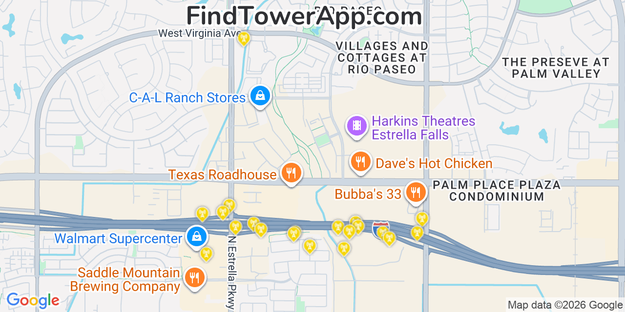 Map showing the 20 primary cell tower locations detected in Goodyear, Arizona from AT&T, Verizon, and T-Mobile networks