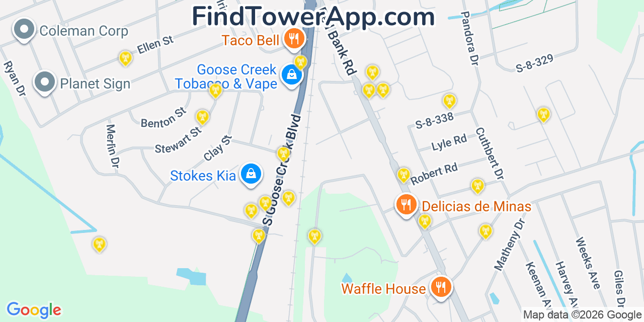 Map showing the 20 primary cell tower locations detected in Goose Creek, South Carolina from AT&T, Verizon, and T-Mobile networks