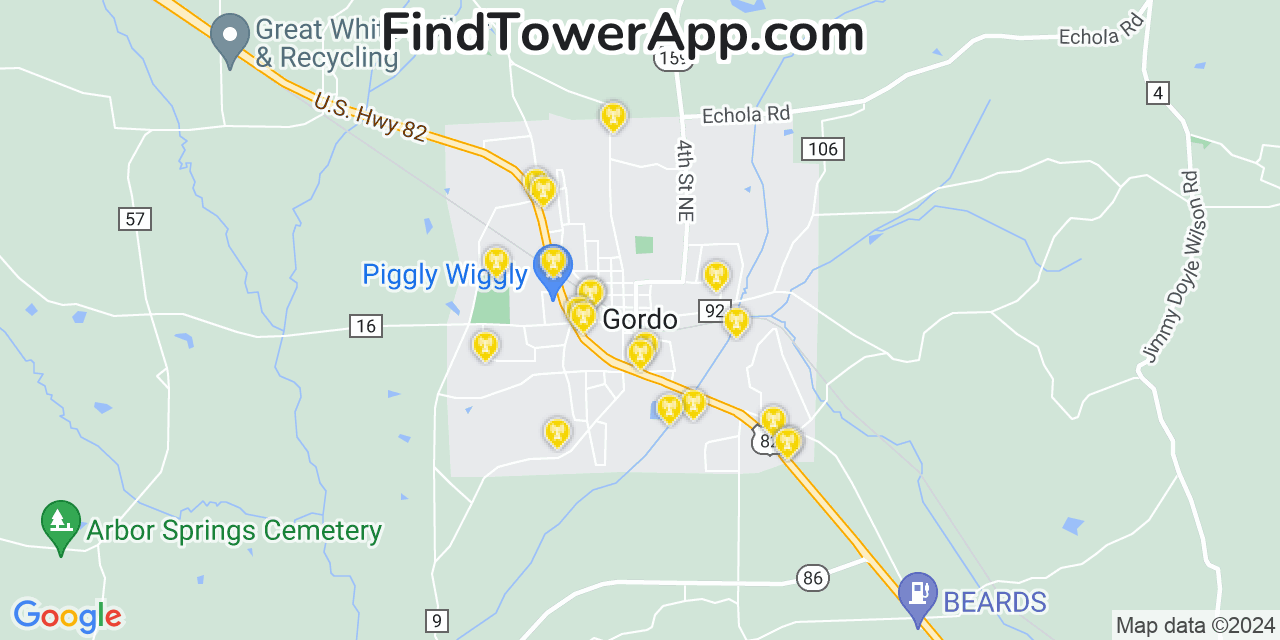 AT&T 4G/5G cell tower coverage map Gordo, Alabama
