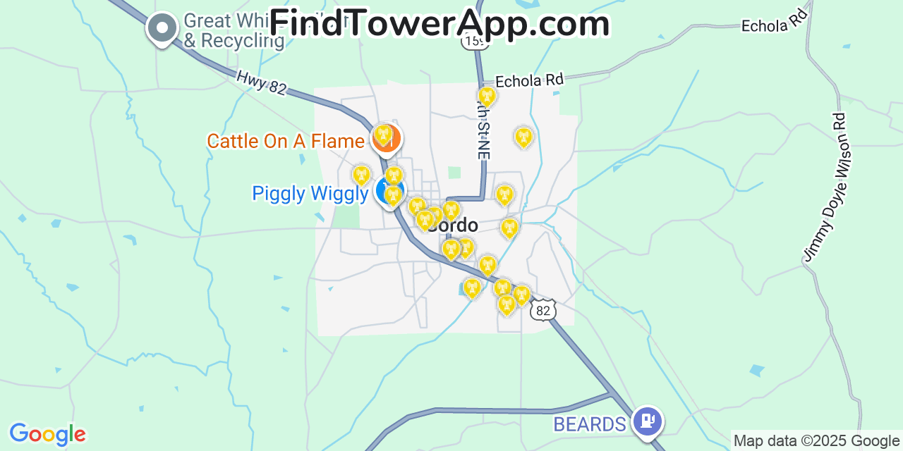 Map showing the 20 primary cell tower locations detected in Gordo, Alabama from AT&T, Verizon, and T-Mobile networks
