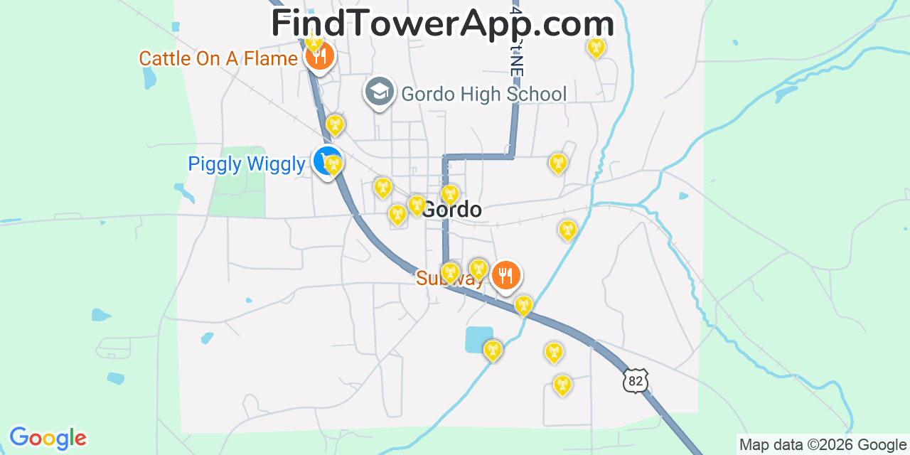 Map showing the 20 primary cell tower locations detected in Gordo, Alabama from AT&T, Verizon, and T-Mobile networks