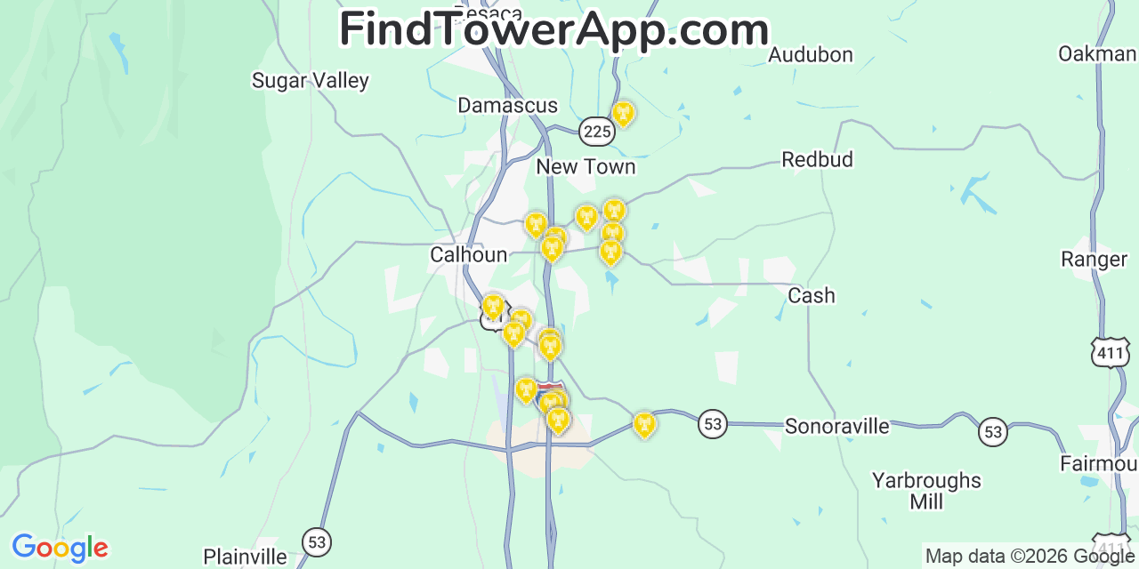 Map showing the 20 primary cell tower locations detected in Gordon, Georgia from AT&T, Verizon, and T-Mobile networks