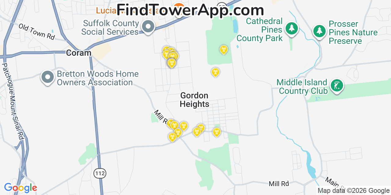 Map showing the 20 primary cell tower locations detected in Gordon Heights, New York from AT&T, Verizon, and T-Mobile networks