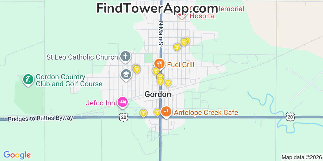 Map showing the 20 primary cell tower locations detected in Gordon, Nebraska from AT&T, Verizon, and T-Mobile networks