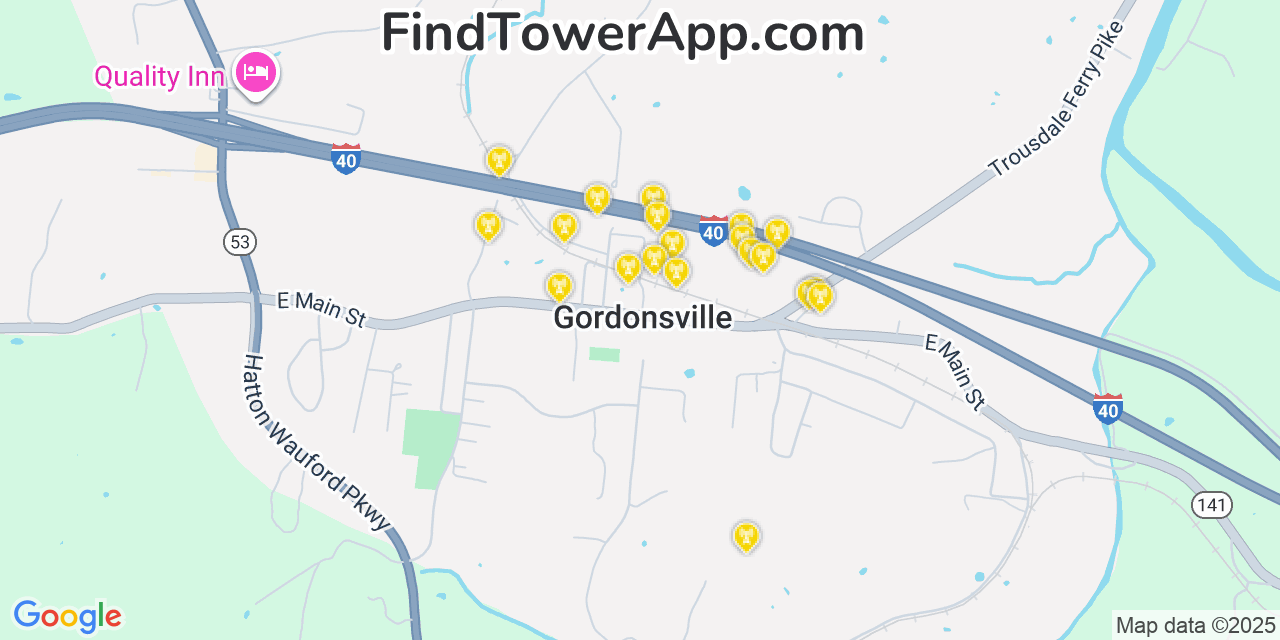 Map showing the 20 primary cell tower locations detected in Gordonsville, Tennessee from AT&T, Verizon, and T-Mobile networks