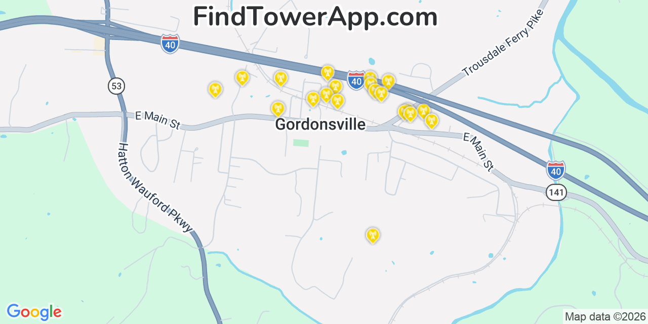 Map showing the 20 primary cell tower locations detected in Gordonsville, Tennessee from AT&T, Verizon, and T-Mobile networks