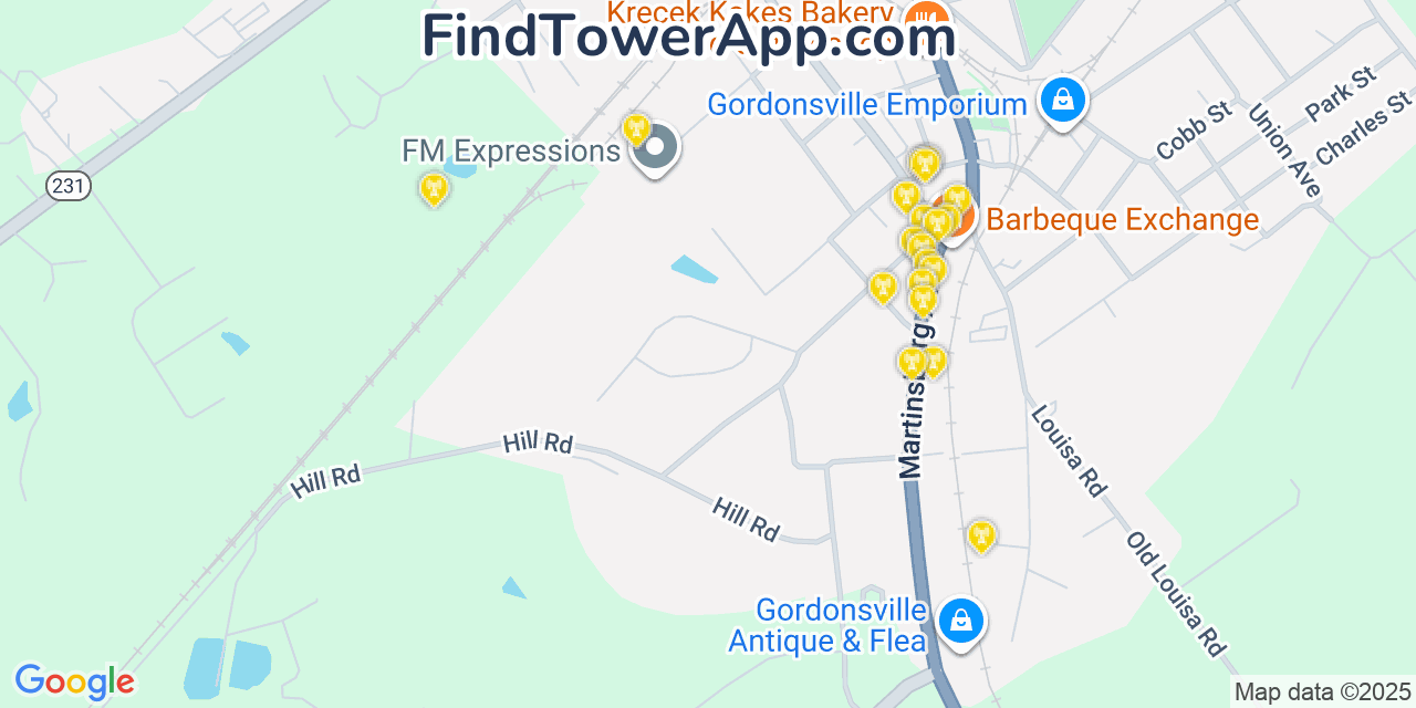 Map showing the 20 primary cell tower locations detected in Gordonsville, Virginia from AT&T, Verizon, and T-Mobile networks