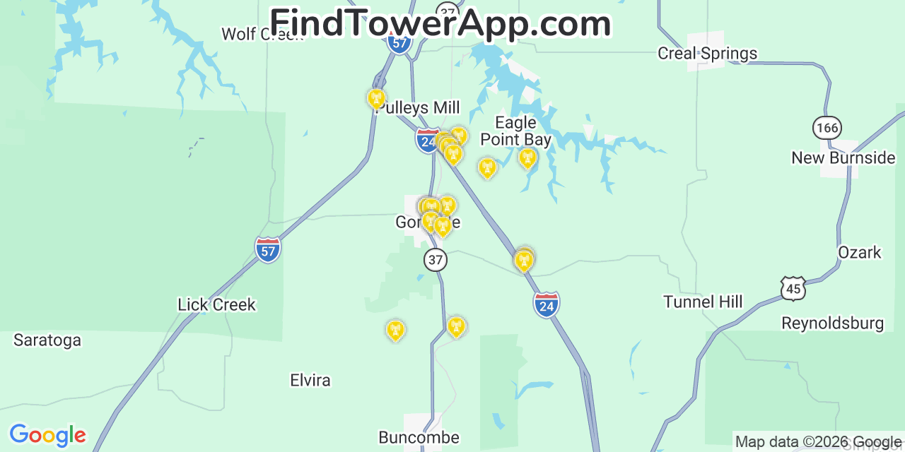 Map showing the 20 primary cell tower locations detected in Goreville, Illinois from AT&T, Verizon, and T-Mobile networks