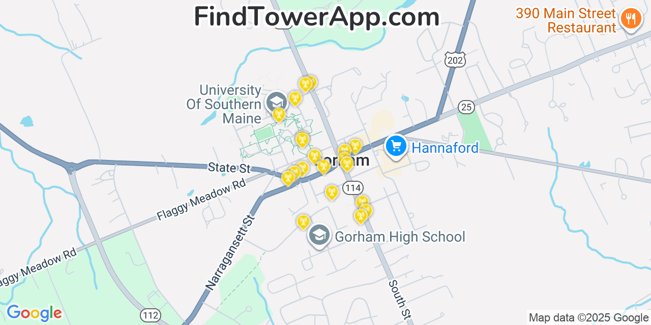 Map showing the 20 primary cell tower locations detected in Gorham, Maine from AT&T, Verizon, and T-Mobile networks
