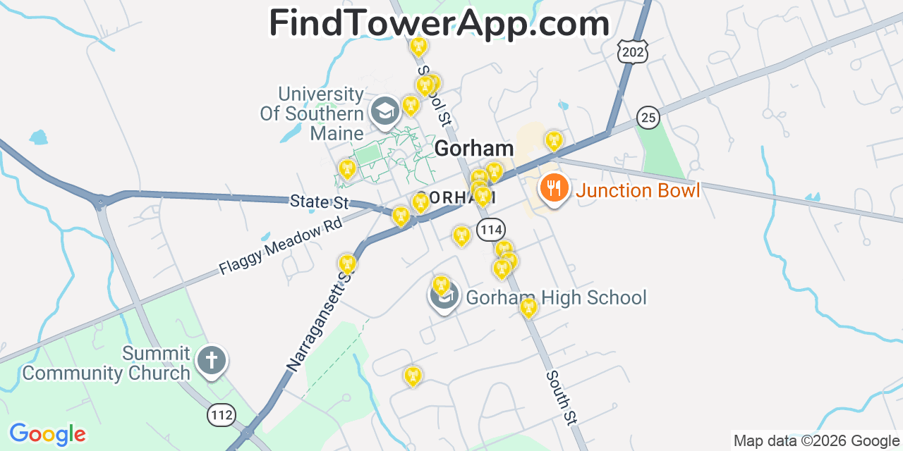 Map showing the 20 primary cell tower locations detected in Gorham, Maine from AT&T, Verizon, and T-Mobile networks