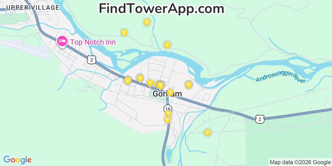 Map showing the 20 primary cell tower locations detected in Gorham, New Hampshire from AT&T, Verizon, and T-Mobile networks
