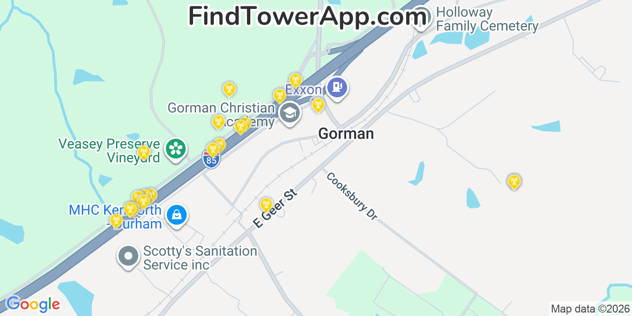 Map showing the 20 primary cell tower locations detected in Gorman, North Carolina from AT&T, Verizon, and T-Mobile networks