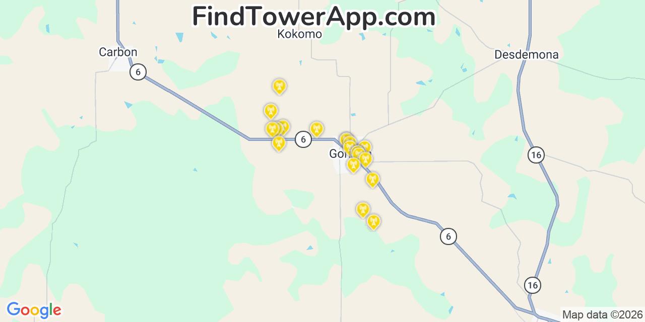 Map showing the 20 primary cell tower locations detected in Gorman, Texas from AT&T, Verizon, and T-Mobile networks