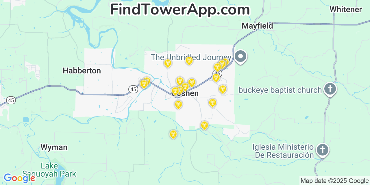 Map showing the 20 primary cell tower locations detected in Goshen, Arkansas from AT&T, Verizon, and T-Mobile networks