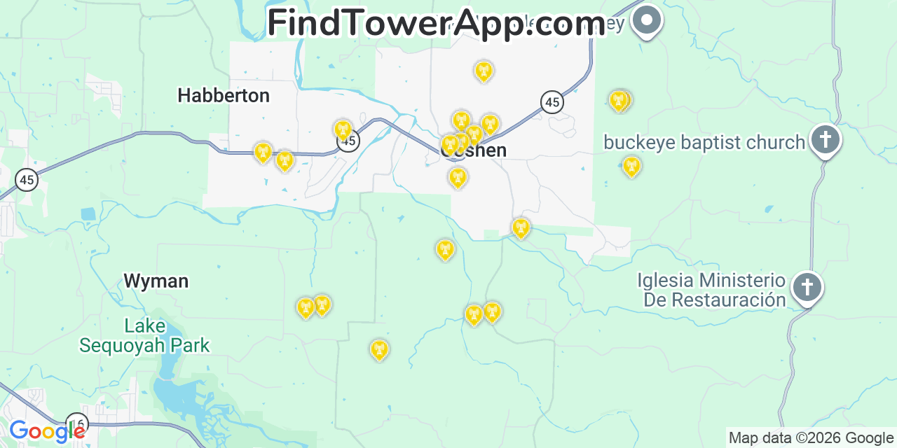 Map showing the 20 primary cell tower locations detected in Goshen, Arkansas from AT&T, Verizon, and T-Mobile networks