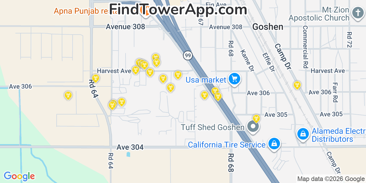 Map showing the 20 primary cell tower locations detected in Goshen, California from AT&T, Verizon, and T-Mobile networks