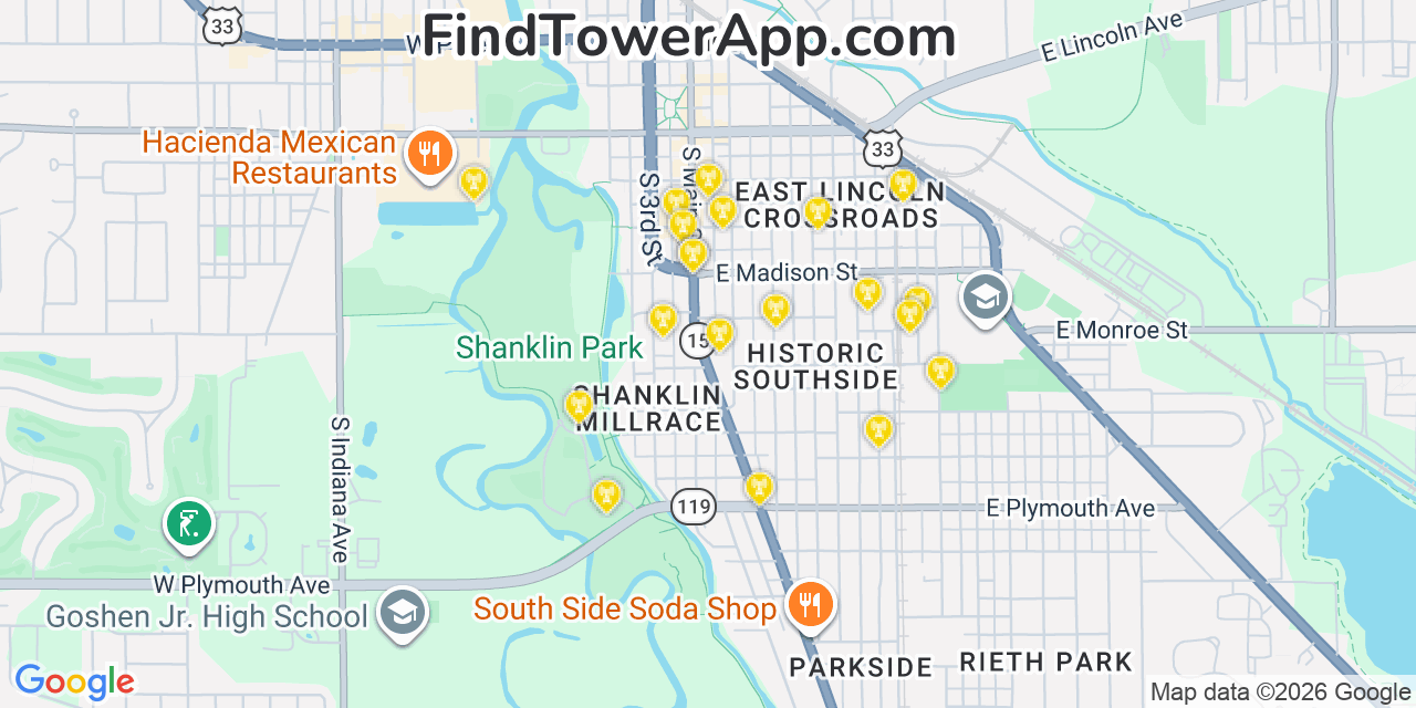 Map showing the 20 primary cell tower locations detected in Goshen, Indiana from AT&T, Verizon, and T-Mobile networks