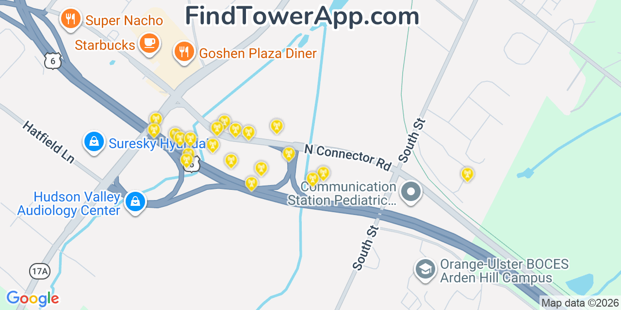Map showing the 20 primary cell tower locations detected in Goshen, New York from AT&T, Verizon, and T-Mobile networks