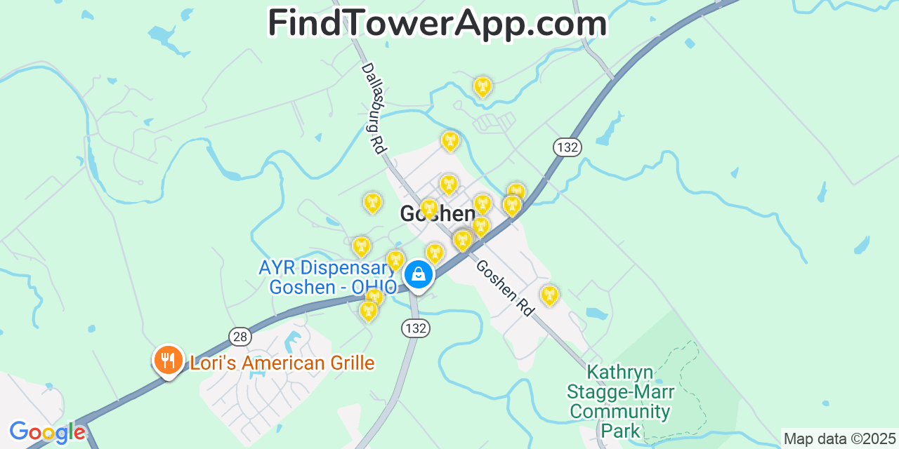 Map showing the 20 primary cell tower locations detected in Goshen, Ohio from AT&T, Verizon, and T-Mobile networks