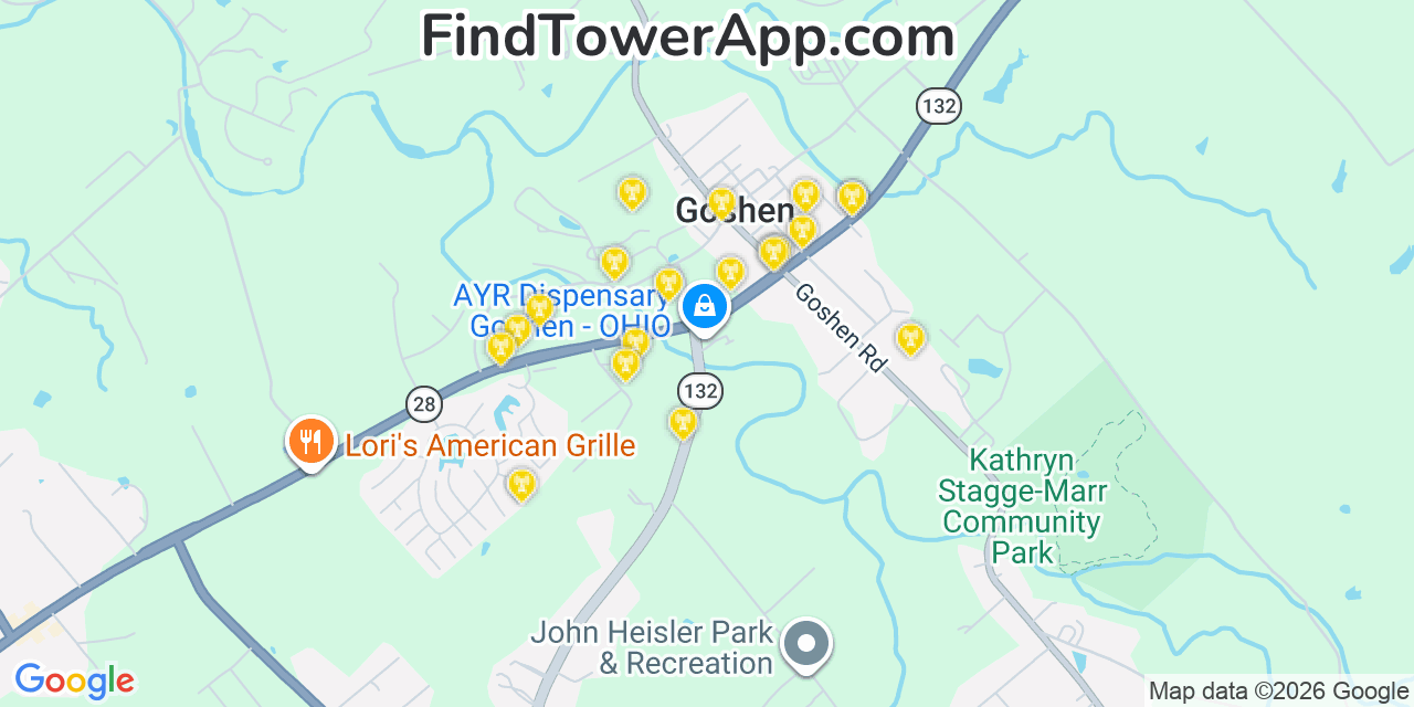 Map showing the 20 primary cell tower locations detected in Goshen, Ohio from AT&T, Verizon, and T-Mobile networks