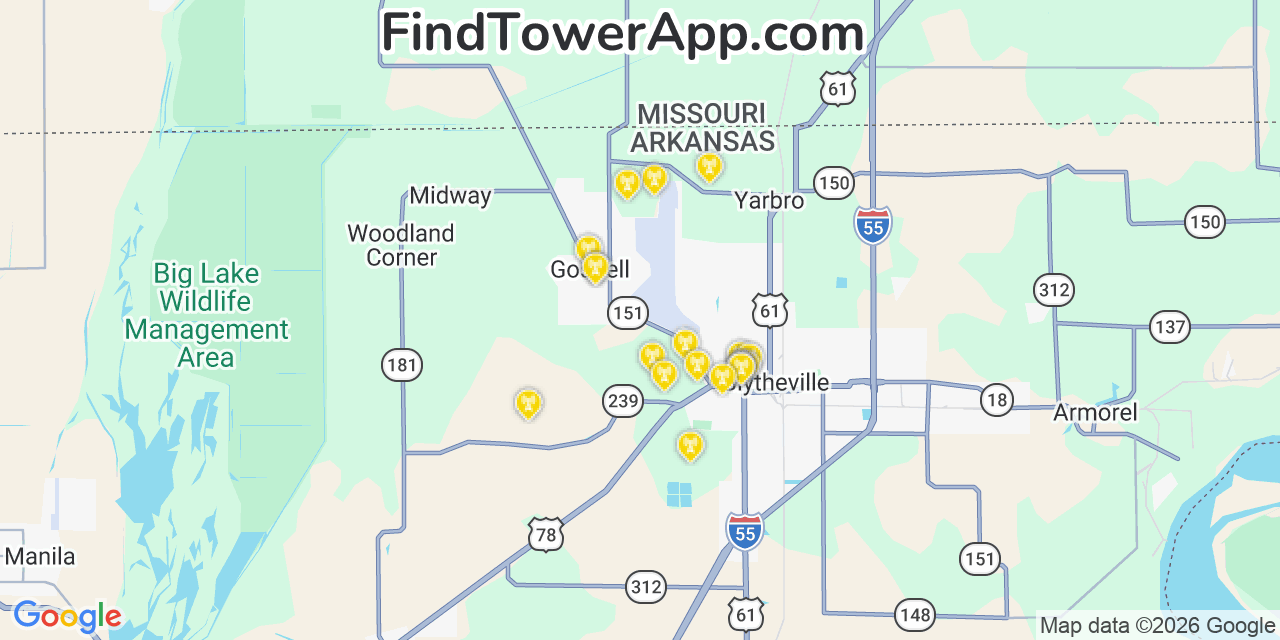 Map showing the 20 primary cell tower locations detected in Gosnell, Arkansas from AT&T, Verizon, and T-Mobile networks
