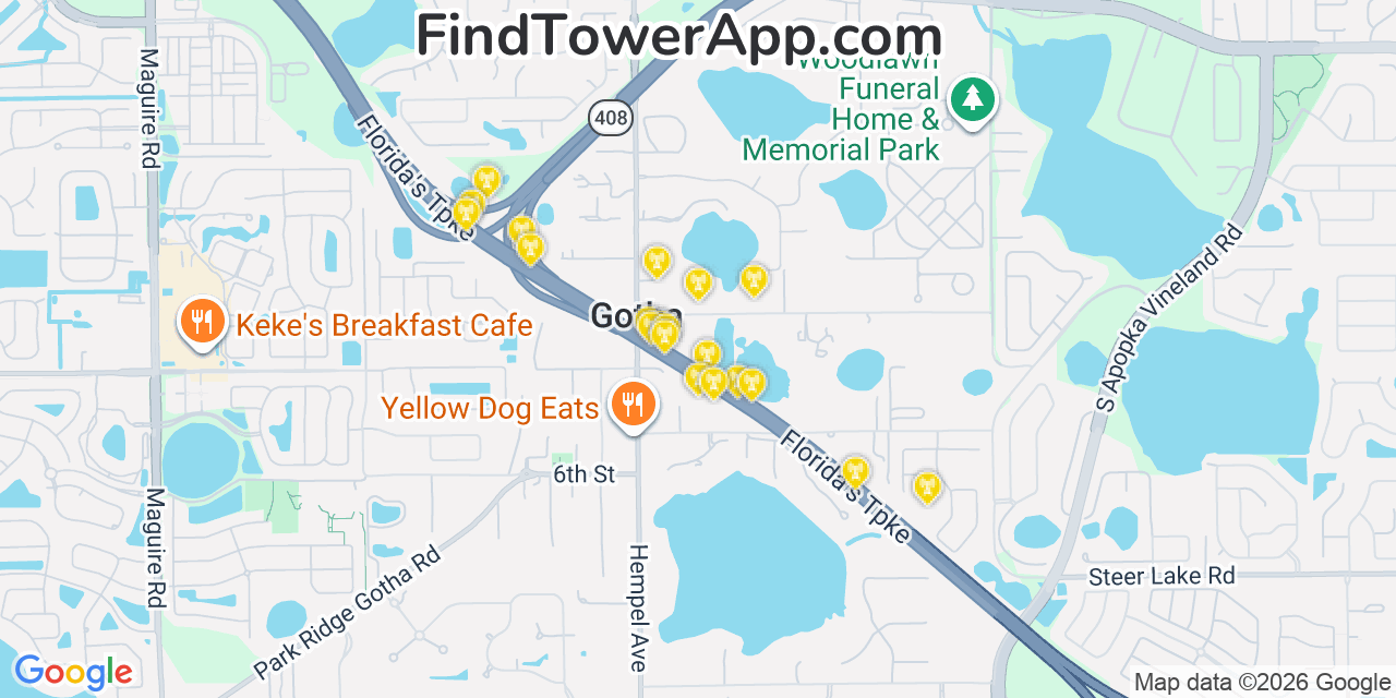 Map showing the 20 primary cell tower locations detected in Gotha, Florida from AT&T, Verizon, and T-Mobile networks